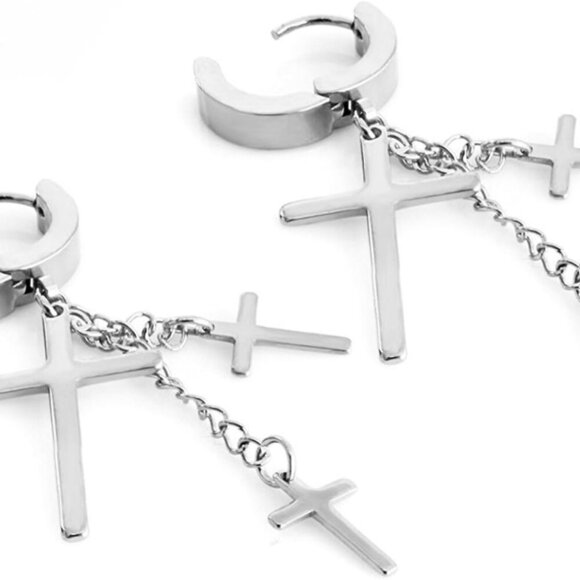 Contemporary Cross Tassel Hoop Earrings in Durable Stainless Steel - 2 Pairs - Picture 3 of 7